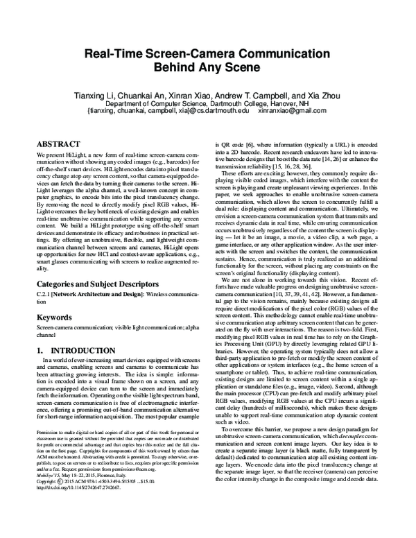 (PDF) Real-Time Screen-Camera Communication Behind Any Scene