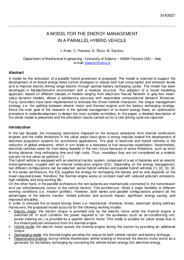 (PDF) A model for the energy management in a parallel hybrid vehicle