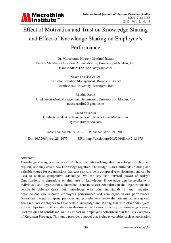 (PDF) Effect of Motivation and Trust on Knowledge Sharing and Effect of ...