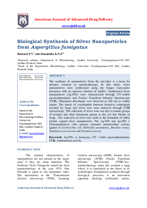 PDF) Biological Synthesis of Silver Nanoparticles from Aspergillus 