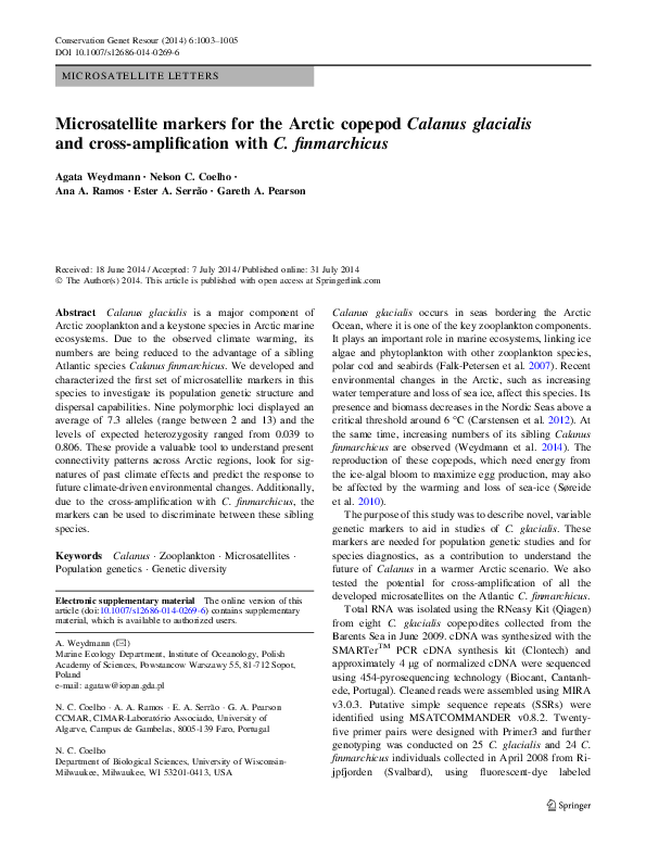(PDF) Microsatellite markers for the Arctic copepod Calanus glacialis ...