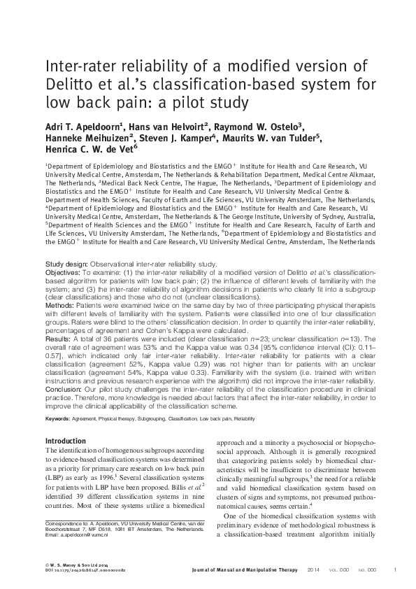 (PDF) Inter-rater reliability of a modified version of Delitto et al.’s ...