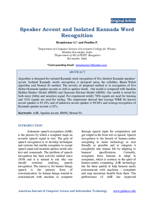 (PDF) Speaker Accent and Isolated Kannada Word Recognition