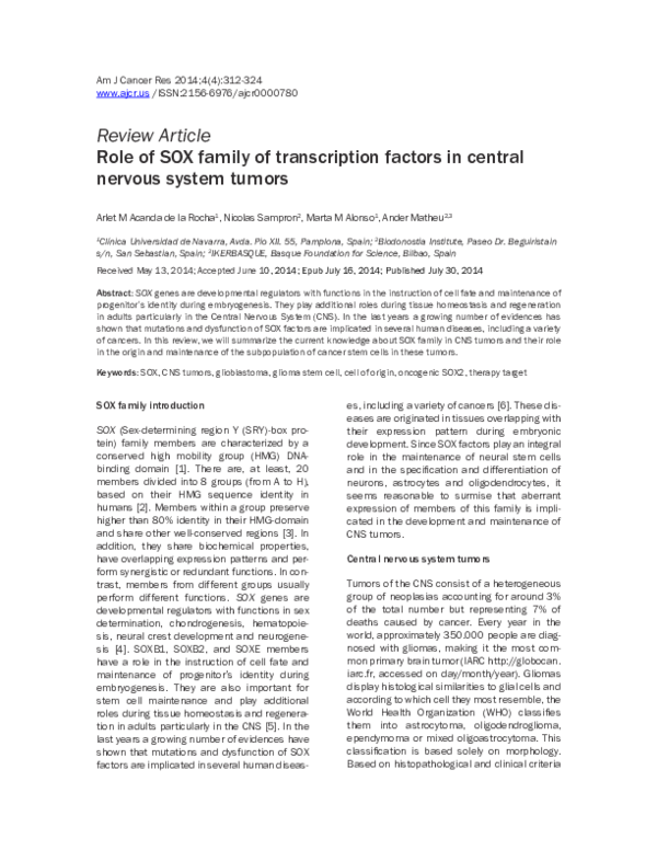 (PDF) Role of SOX family of transcription factors in central nervous ...