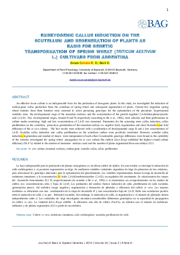 (DOC) EMBRYOGENIC CALLUS INDUCTION ON THE SCUTELLUM AND REGENERATION OF ...