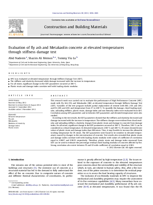 (PDF) Evaluation of fly ash and Metakaolin concrete at elevated ...