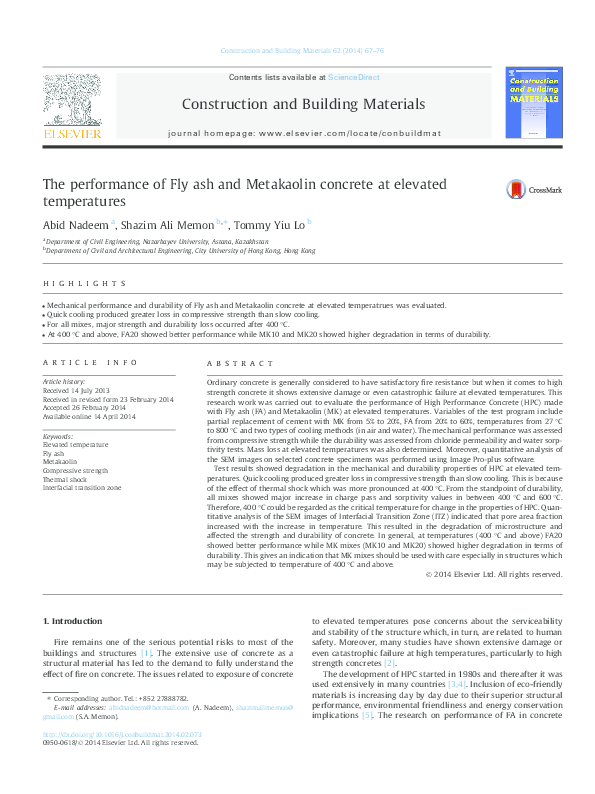 (PDF) The performance of Fly ash and Metakaolin concrete at elevated ...