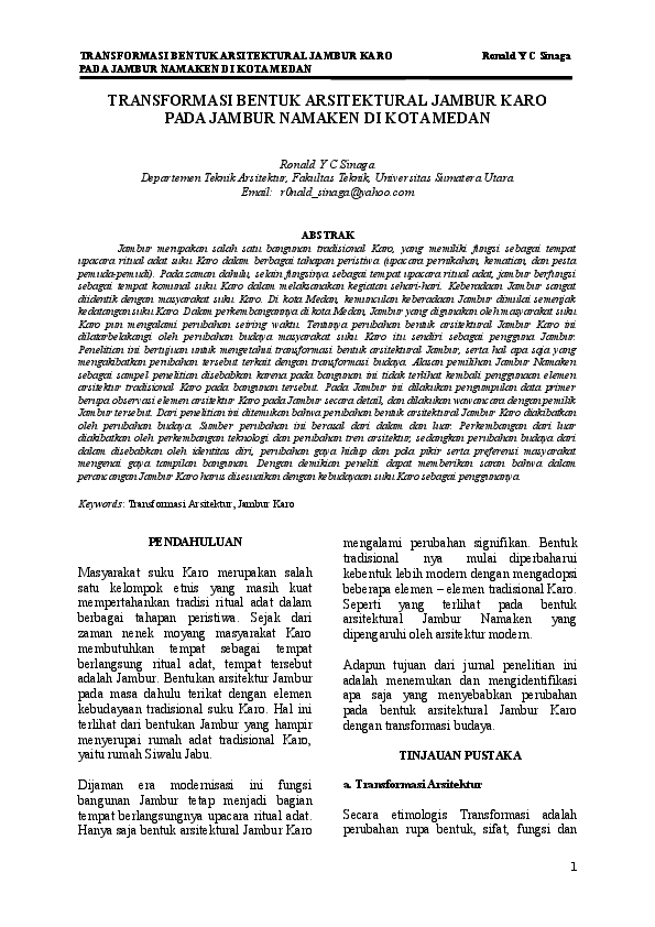 (DOC) Transformasi Bentuk Arsitektural Jambur Karo Pada Jambur Namaken