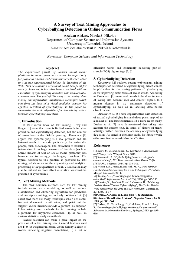 (PDF) A Survey of Text Mining Approaches to Cyberbullying Detection in ...