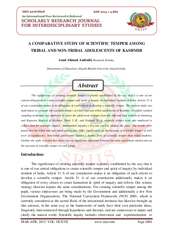 (PDF) A COMPARATIVE STUDY OF SCIENTIFIC TEMPER AMONG TRIBAL AND NON ...