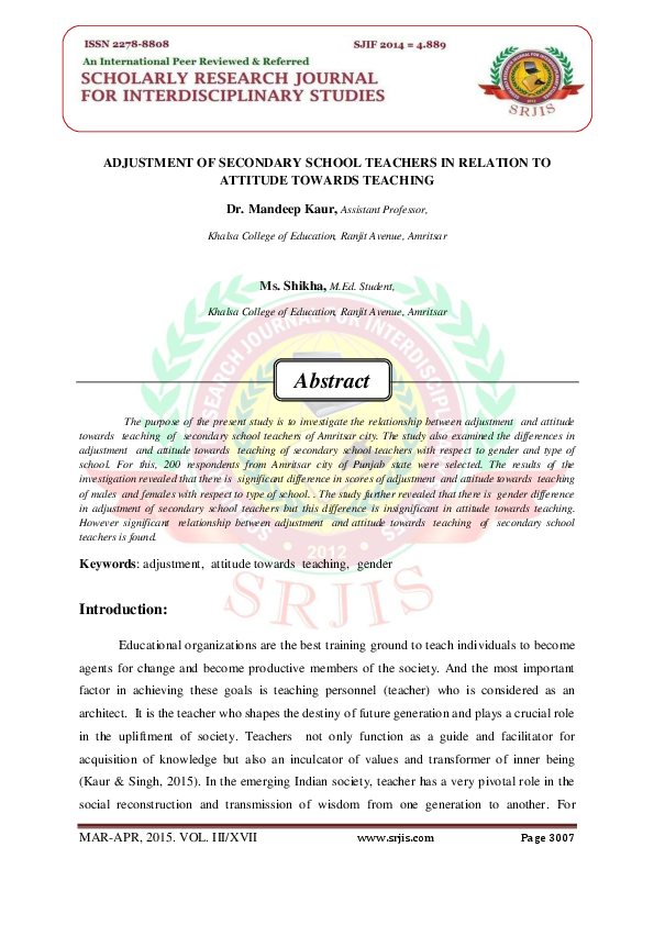 (PDF) ADJUSTMENT OF SECONDARY SCHOOL TEACHERS IN RELATION TO ATTITUDE ...