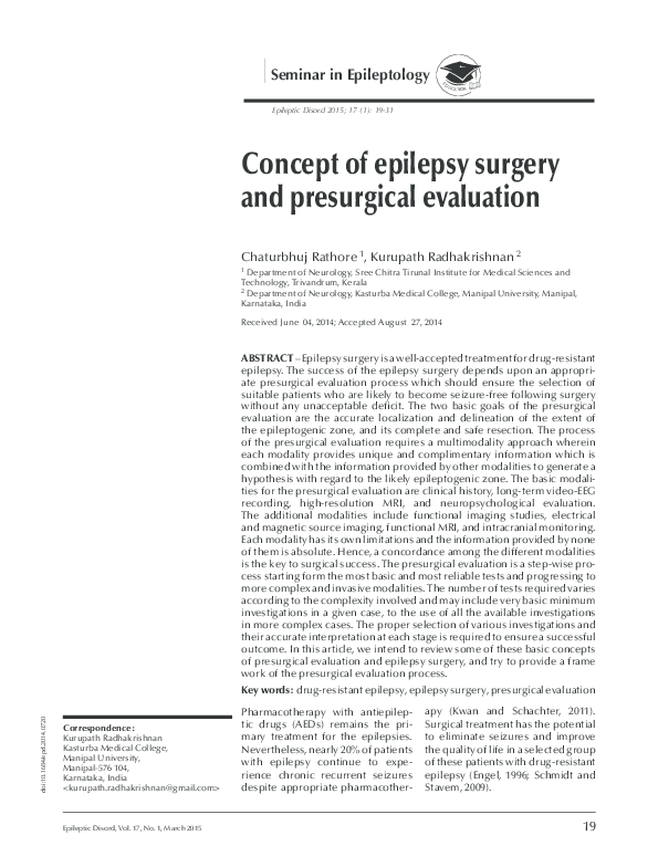 (PDF) Seminar in Epileptology Concept of epilepsy surgery and ...
