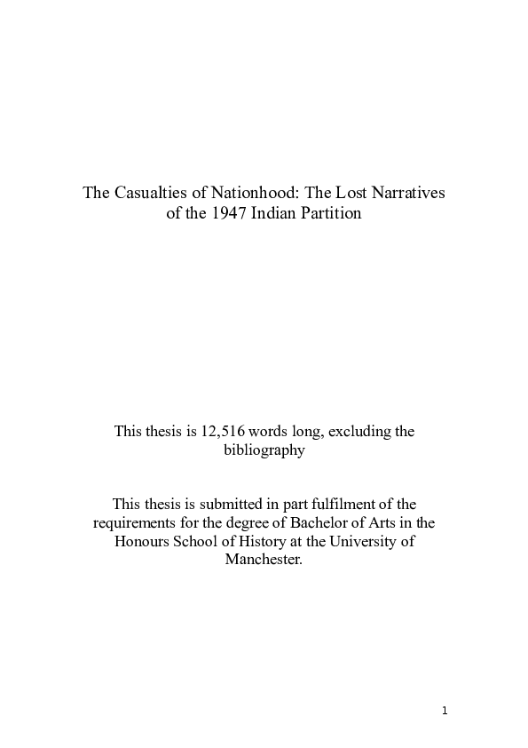 The Casualties of Nationhood: The Lost Narratives of the 1947 Indian Partition