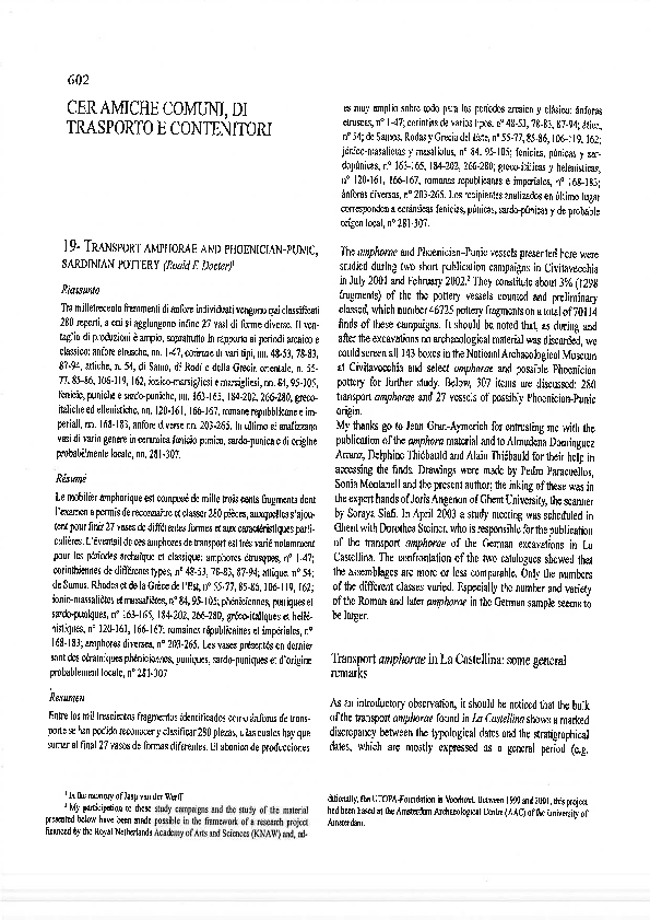 Ceramiche comuni, da trasporto e contenitori. Transport amphorae and Phoenician-Punic, Sardinian pottery