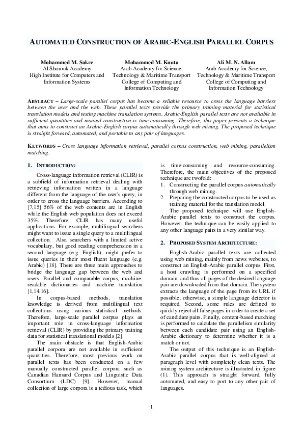 (PDF) AUTOMATED CONSTRUCTION OF ARABIC-ENGLISH PARALLEL CORPUS