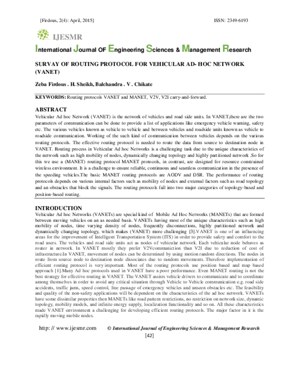 (PDF) SURVAY OF ROUTING PROTOCOL FOR VEHICULAR AD - HOC NETWORK (VANET)