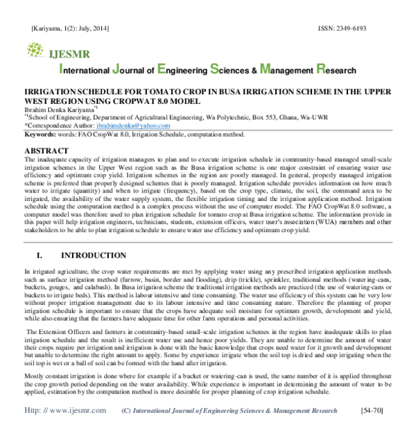 (PDF) IRRIGATION SCHEDULE FOR TOMATO CROP IN BUSA IRRIGATION SCHEME IN