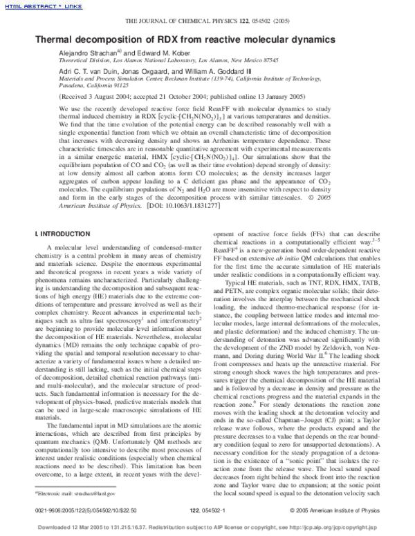 (PDF) Thermal decomposition of RDX from reactive molecular dynamics