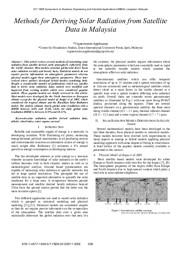 (PDF) Methods for Deriving Solar Radiation from Satellite Data in Malaysia
