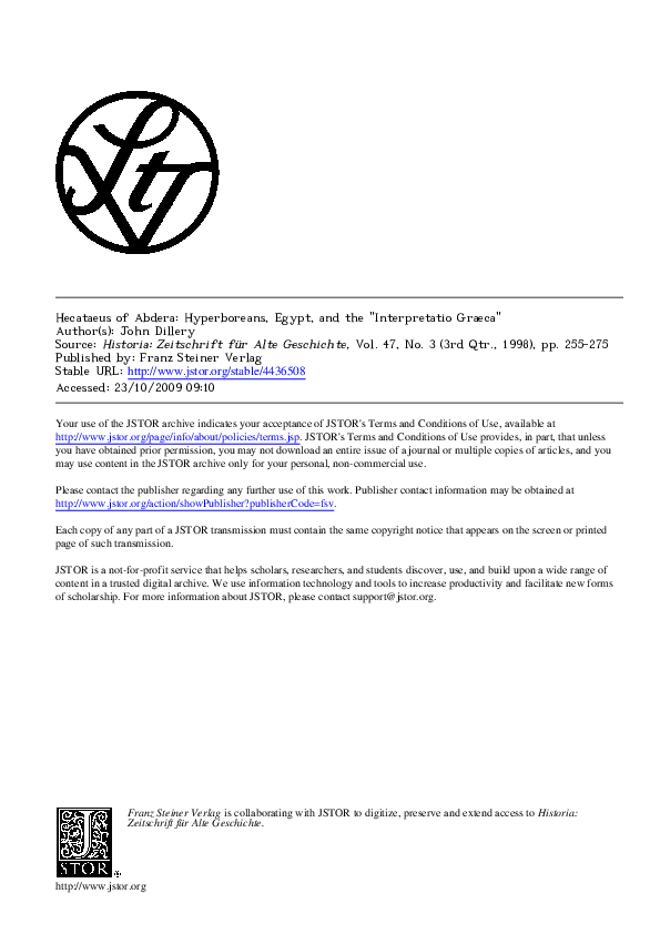 (PDF) Hecataeus of Abdera Historia 1998