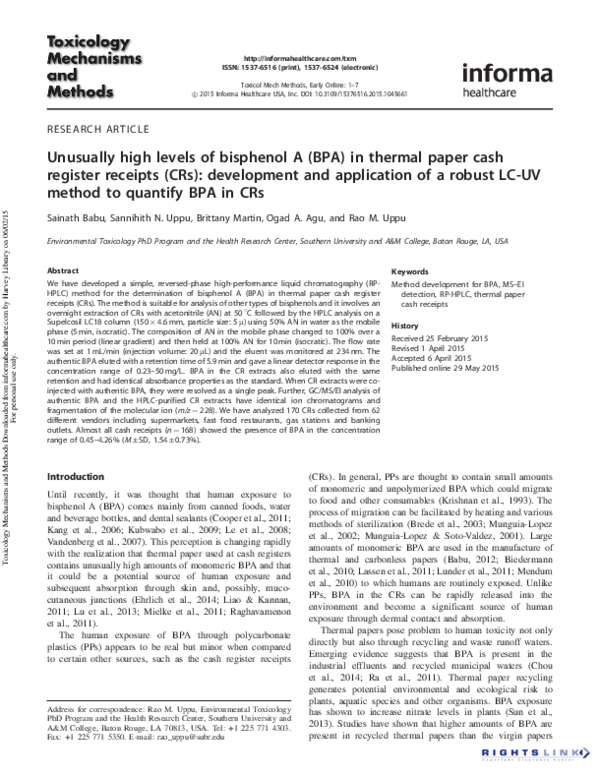 (PDF) Unusually high levels of bisphenol A (BPA) in thermal paper cash