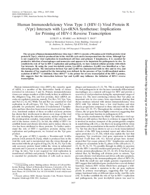 (PDF) Human Immunodeficiency Virus Type 1 (HIV1) Viral Protein R (Vpr ...
