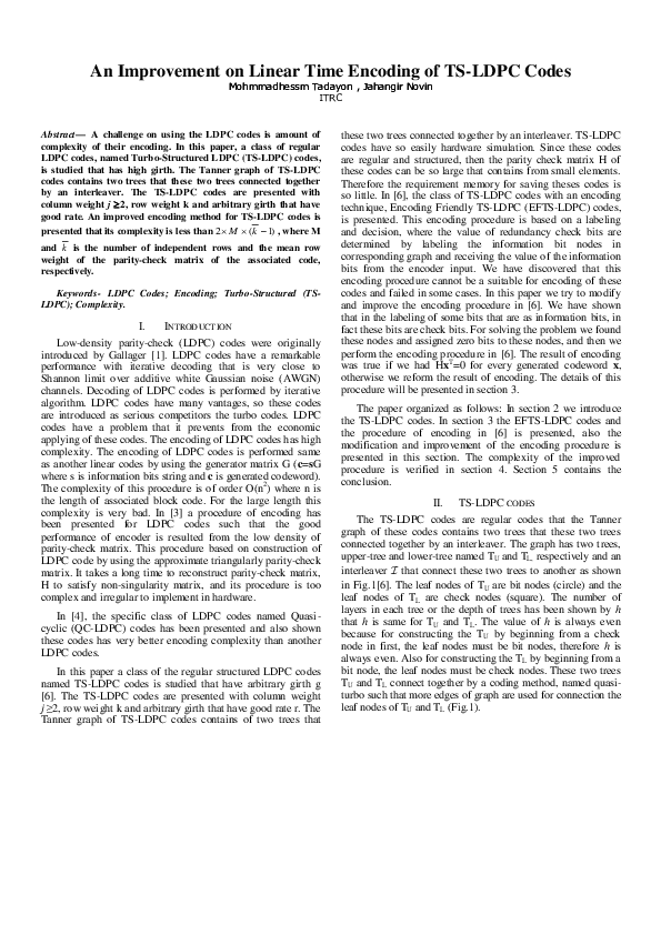 (PDF) An Improvement on Linear Time Encoding of TSLDPC Codes