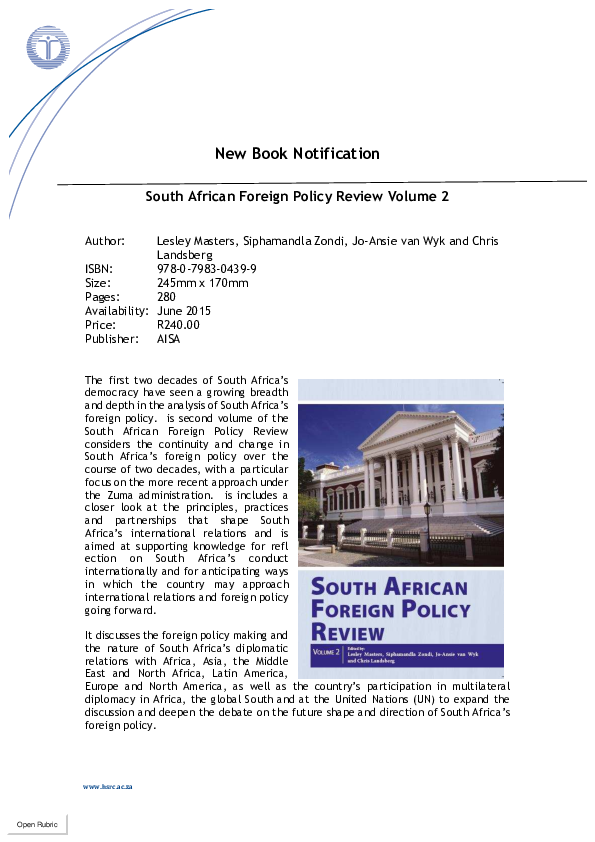 (PDF) South African foreign policy review. Volume 2.