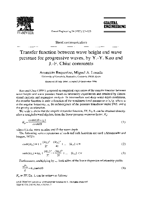 (PDF) Transfer function between wave height and wave pressure for ...