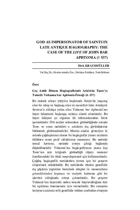 God as Impersonator of Saints in Late Antique Hagiography: the Case of the Life of John bar Aphtonia