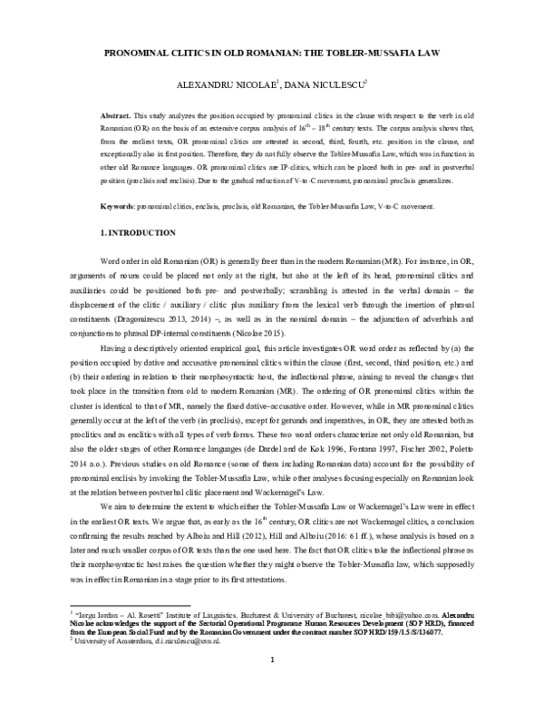 (PDF) Pronominal Clitics in Old Romanian The ToblerMussafia Law
