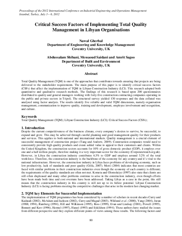 (PDF) Critical Success Factors of Implementing Total Quality Management ...
