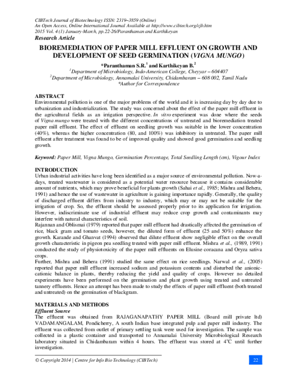 (PDF) BIOREMEDIATION OF PAPER MILL EFFLUENT ON GROWTH AND DEVELOPMENT ...