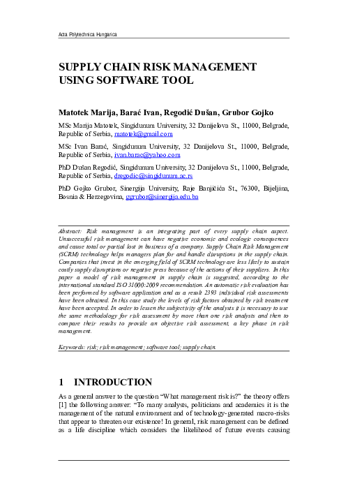 (DOC) SUPPLY CHAIN RISK MANAGEMENT USING SOFTWARE TOOL