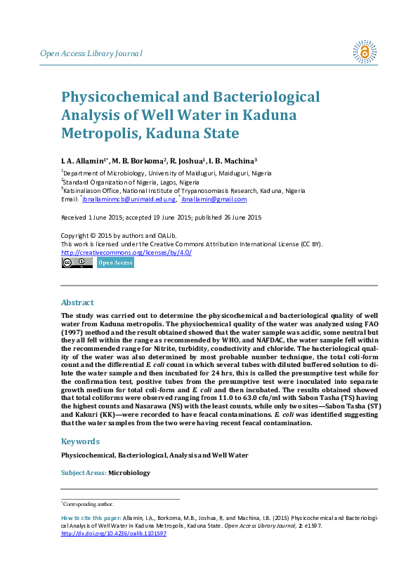 (PDF) Physicochemical and Bacteriological Analysis of Well Water in
