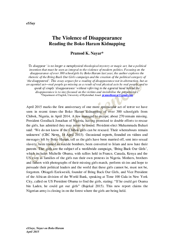 (PDF) ‘The Violence of Disappearance: Reading the Boko Haram Kidnapping’