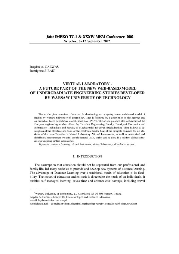 (PDF) VIRTUAL LABORATORY - A FUTURE PART OF THE NEW WEB-BASED MODEL OF ...