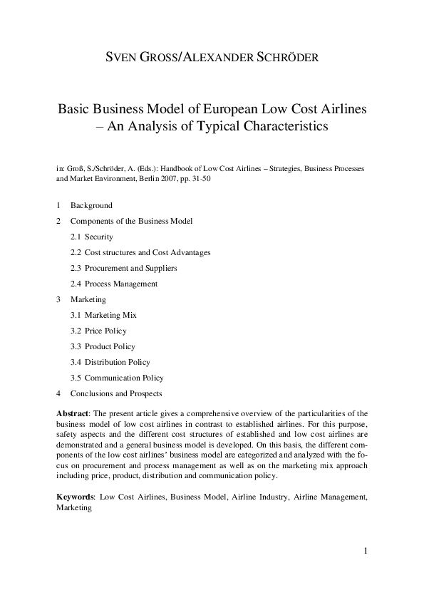 (PDF) Basic Business Model of European Low Cost Airlines An Analysis of Typical