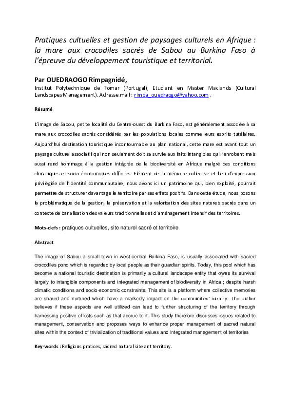 (PDF) Pratiques cultuelles et gestion de paysages culturels en Afrique