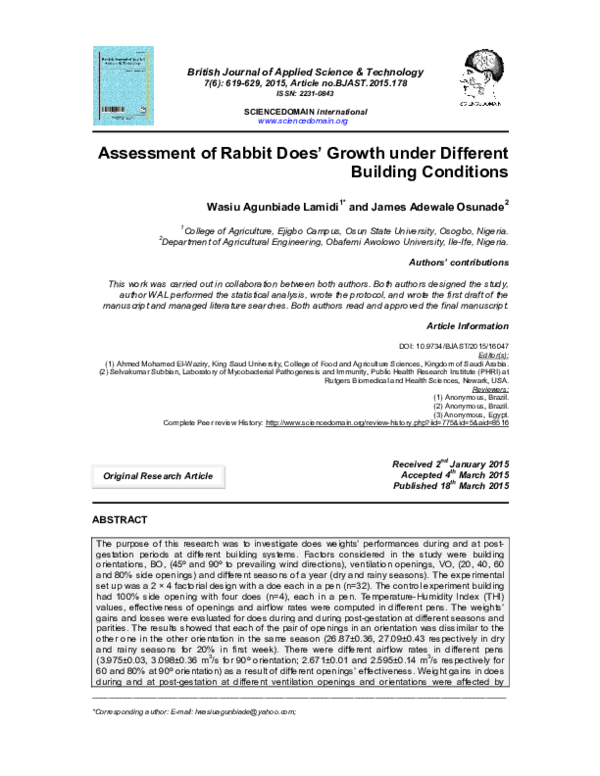 Assessment of Rabbit Does’ Growth under Different Building Conditions