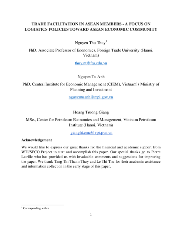 (PDF) TRADE FACILITATION IN ASEAN MEMBERS -A FOCUS ON LOGISTICS ...
