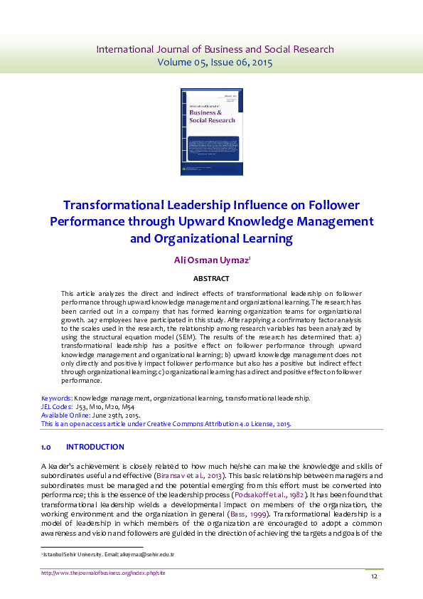 (PDF) Transformational leadership influence on follower performance ...