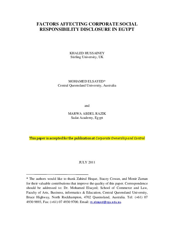 (PDF) FACTORS AFFECTING CORPORATE SOCIAL RESPONSIBILITY DISCLOSURE IN EGYPT