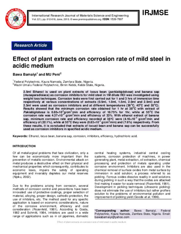 (PDF) Effect of plant extracts on corrosion rate of mild steel in