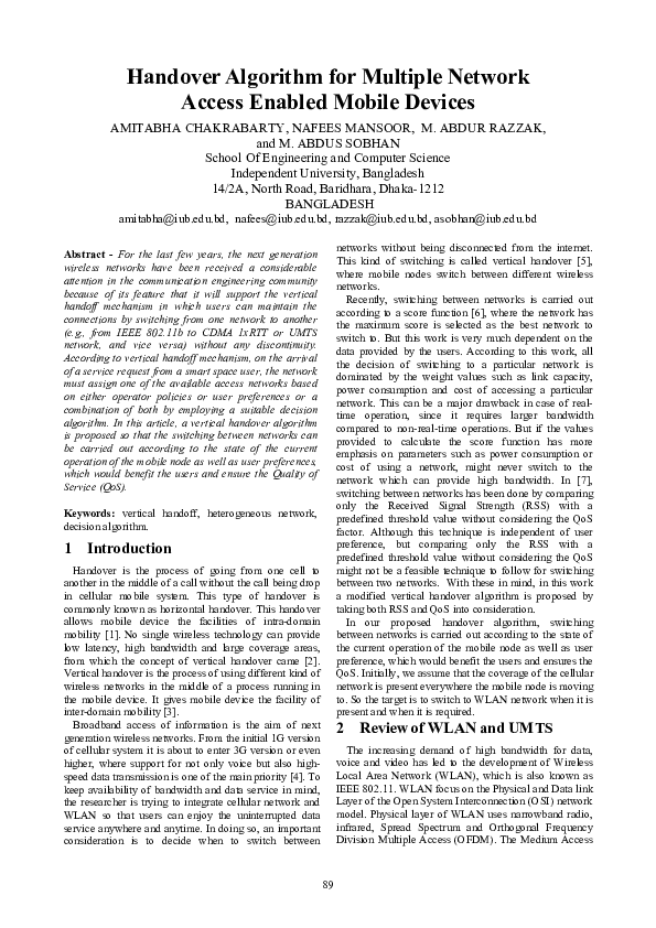 (PDF) Handover Algorithm for Multiple Network Access Enabled Mobile Devices