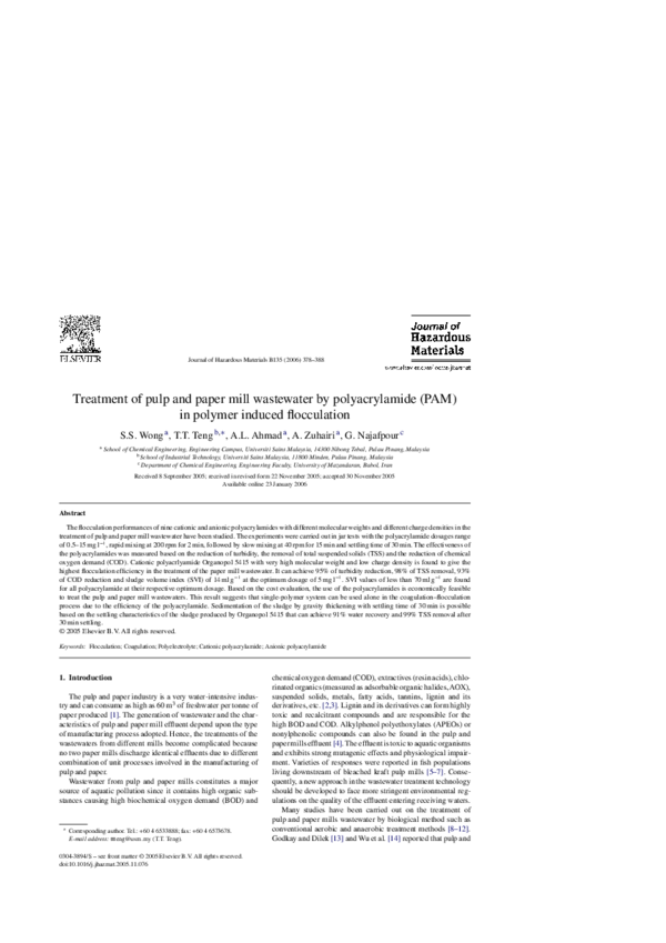 (PDF) Treatment of pulp and paper mill wastewater by polyacrylamide (PAM)