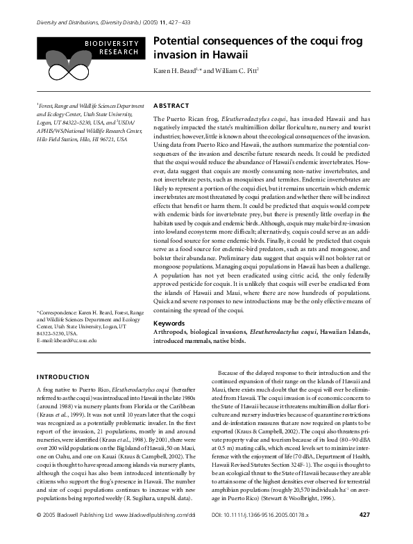 (PDF) Potential consequences of the coqui frog invasion in Hawaii