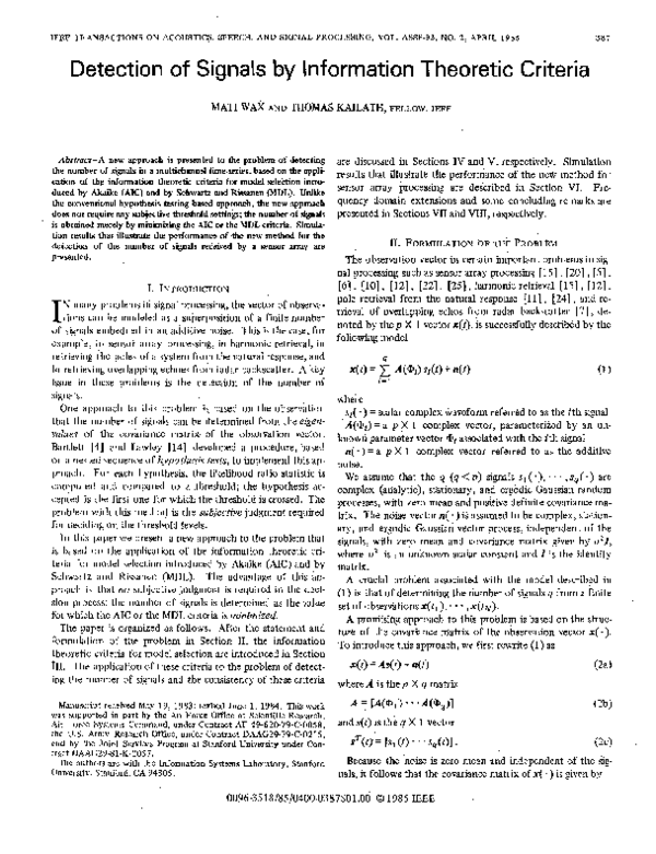 (PDF) Detection of signals by information theoretic criteria