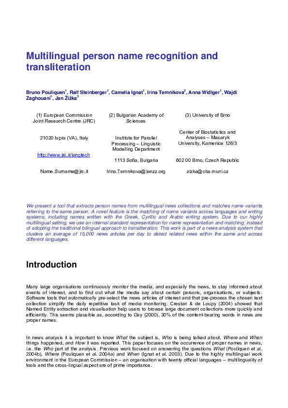 (PDF) Multilingual person name recognition and transliteration