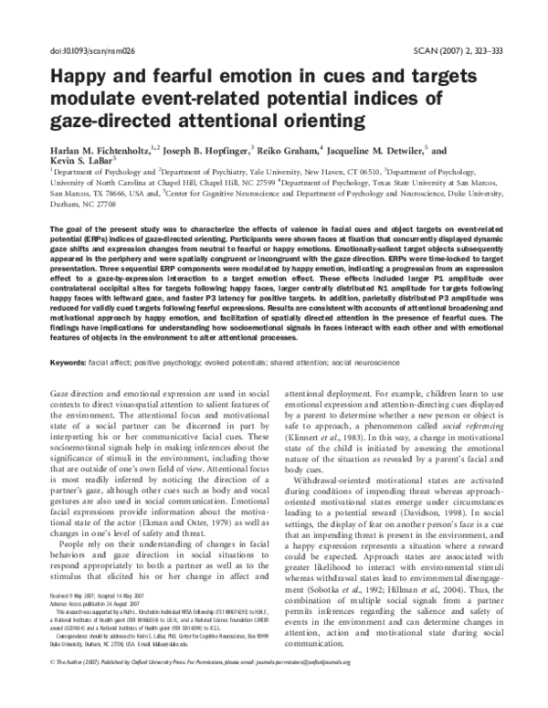 (PDF) Happy and fearful emotion in cues and targets modulate event ...